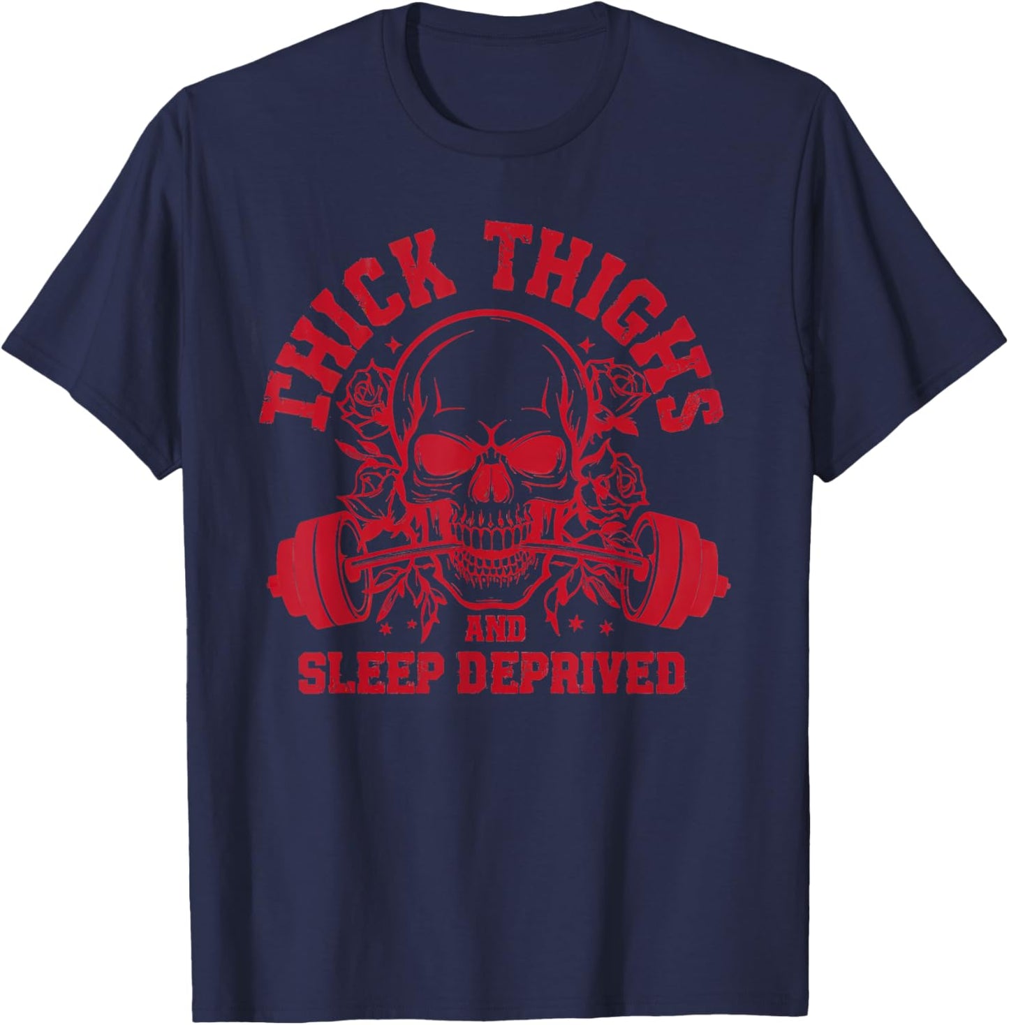 Thick Thighs and Sleep Deprived Vintage Skull Muscle Mommy T-Shirt - T-Shirt | Navy