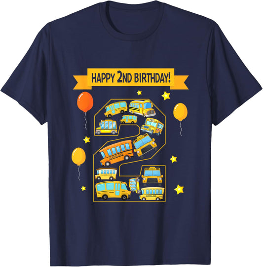 2 Year Old Birthday School Bus Lover Happy 2nd Birthday T-Shirt - T-Shirt | Navy
