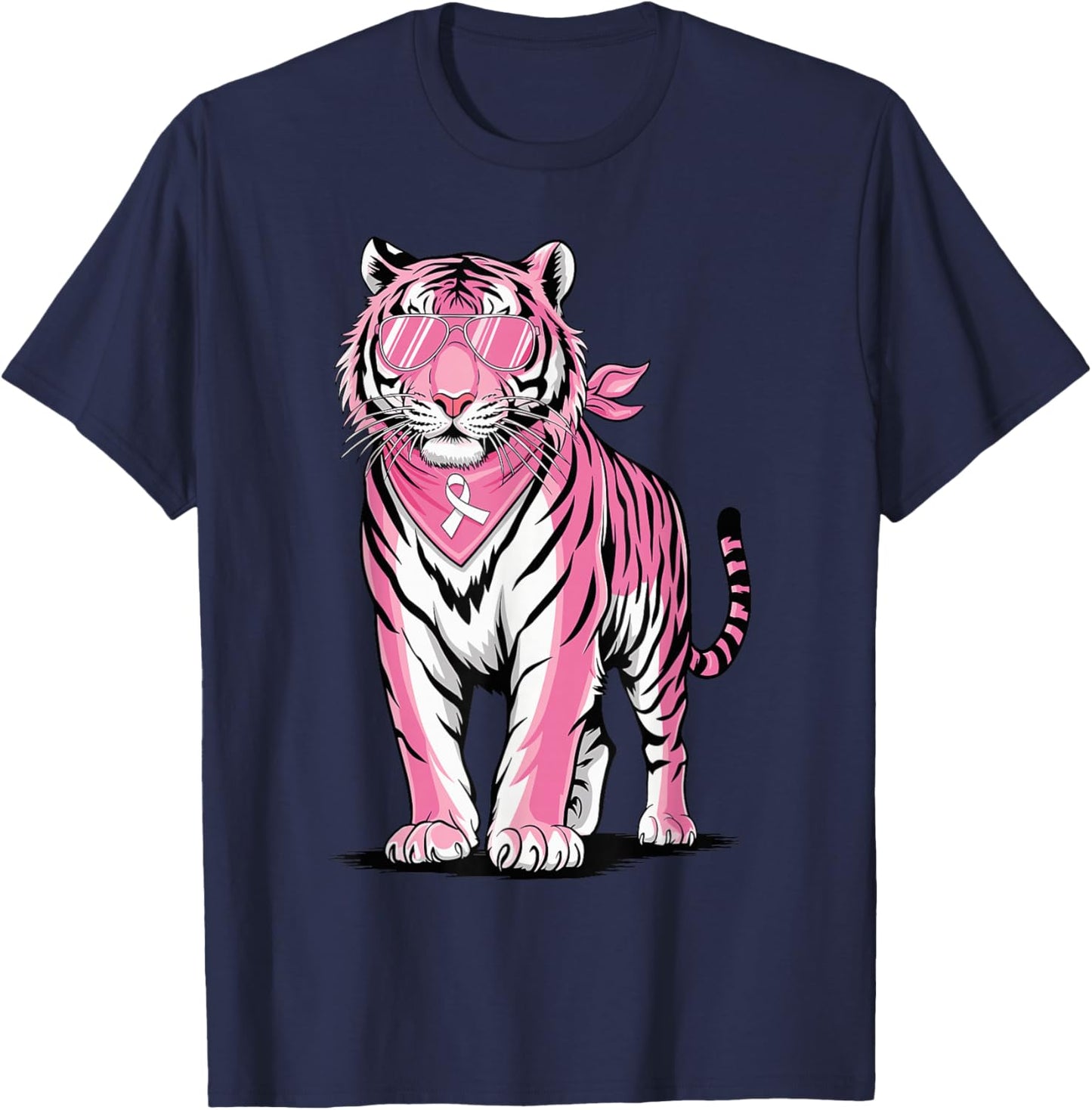 Pink Tiger with Sunglasses Bandana Breast Cancer Awareness T-Shirt - T-Shirt | Navy