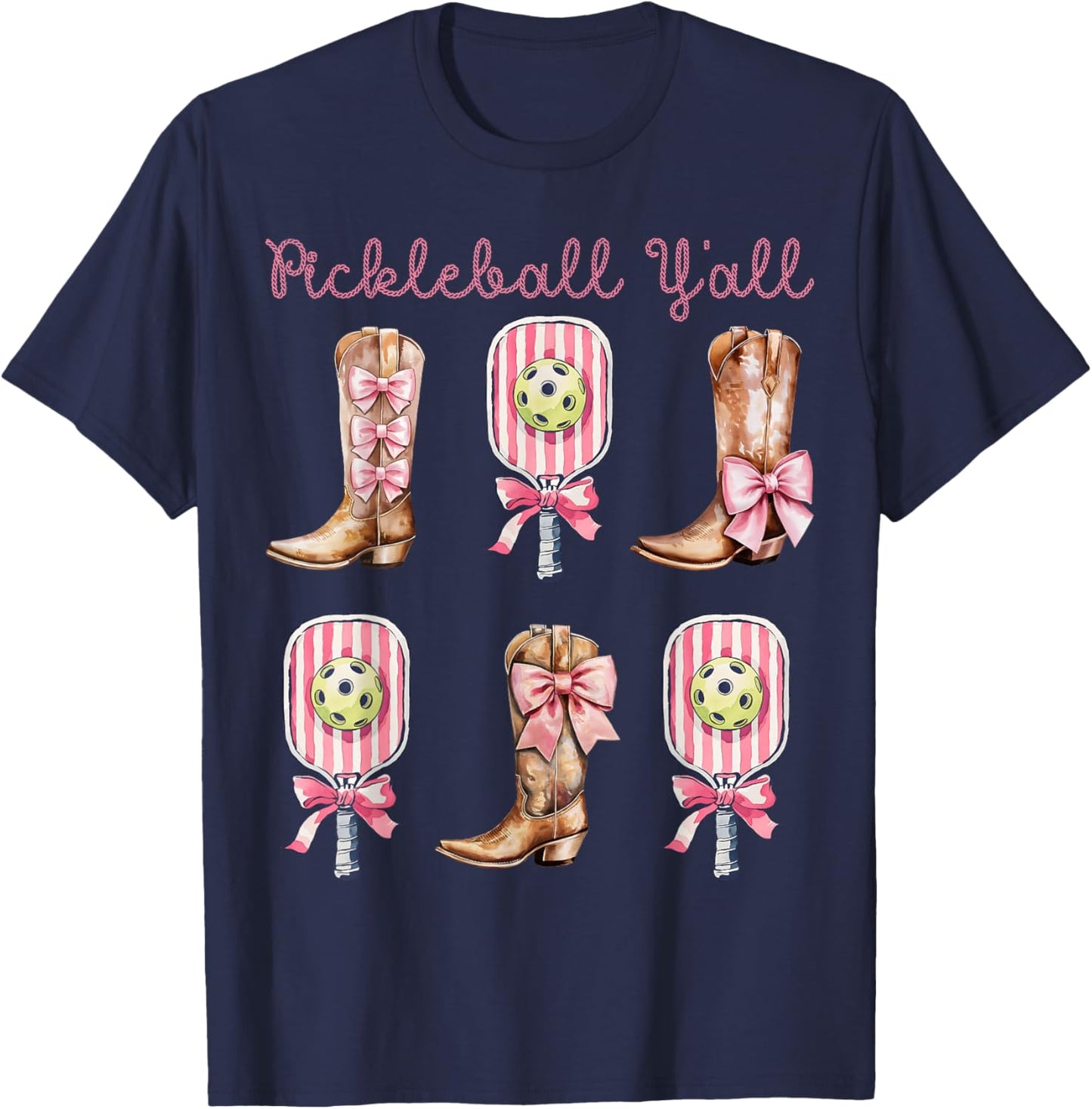 Pickleball Y'all Western Boots and Paddle Funny Pickleball T-Shirt - T-Shirt | Navy