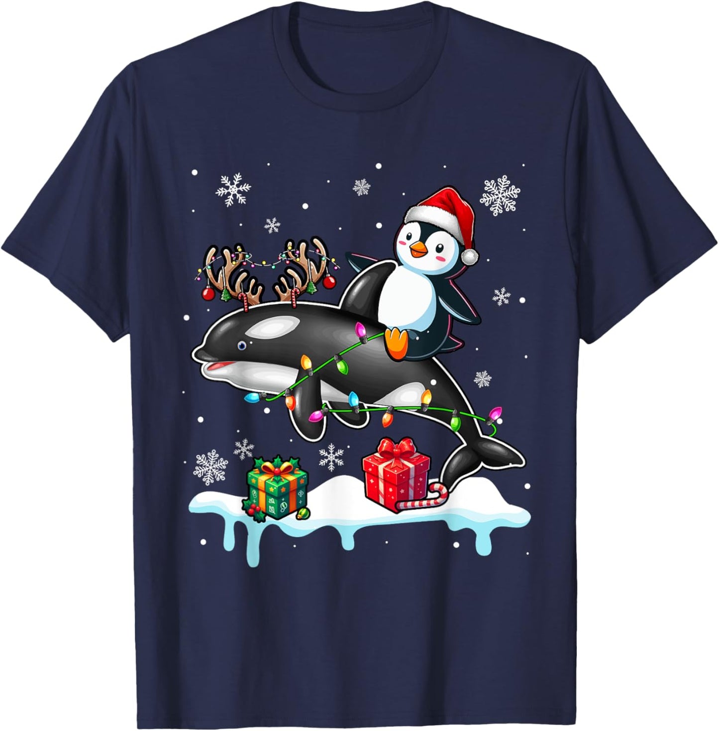 Christmas Santa Penguin Riding Reindeer Orca Lover Kids T-Shirt - T-Shirt | Navy