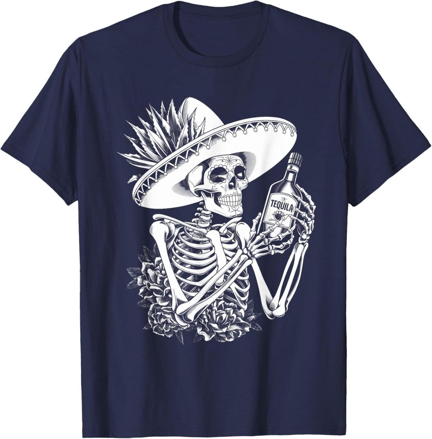 Mexico Vintage Skeleton Tequila Dia De Los Muertos Mexican T-Shirt - T-Shirt | Navy