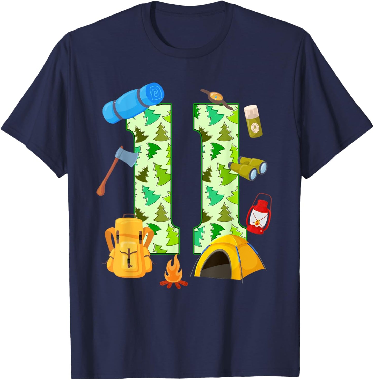 11th Birthday Camping Theme 11 Year Old Birthday Kids T-Shirt - T-Shirt | Navy