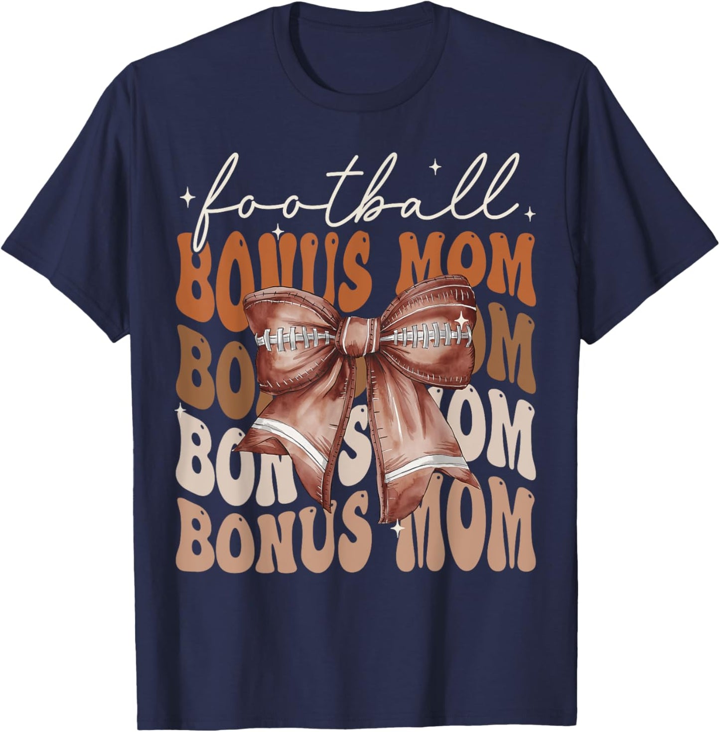 Football Bonus Mom American Football Coquette Bow Groovy T-Shirt - T-Shirt | Navy