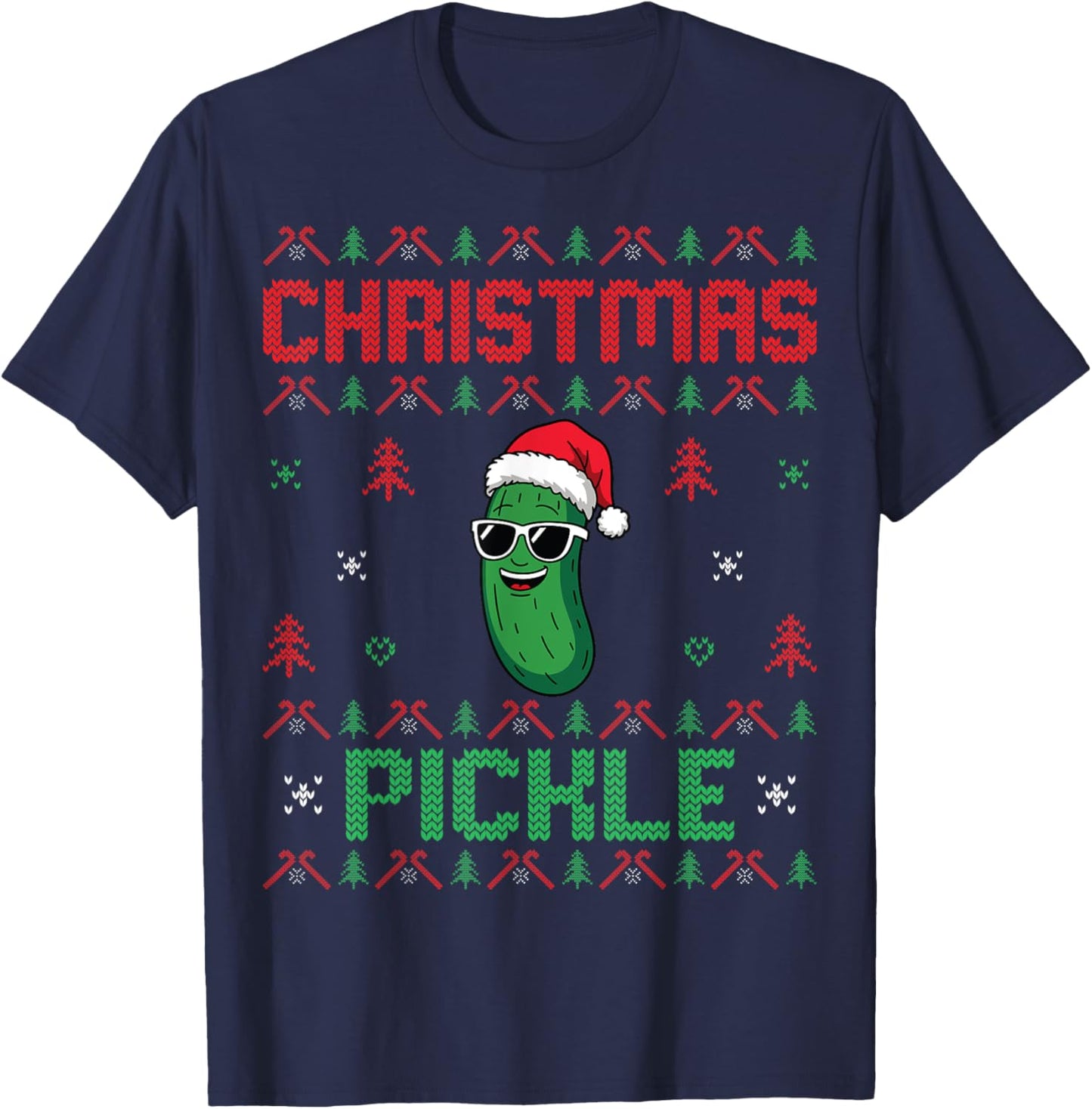 Pickle Wearing Santa Hat Xmas Party - Ugly Christmas Pickle T-Shirt - T-Shirt | Navy