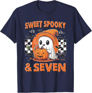 7th Birthday Sweet Spooky & Seven Cute Ghost 7 Years Old T-Shirt - T-Shirt | Navy