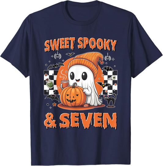7th Birthday Sweet Spooky & Seven Cute Ghost 7 Years Old T-Shirt - T-Shirt | Navy