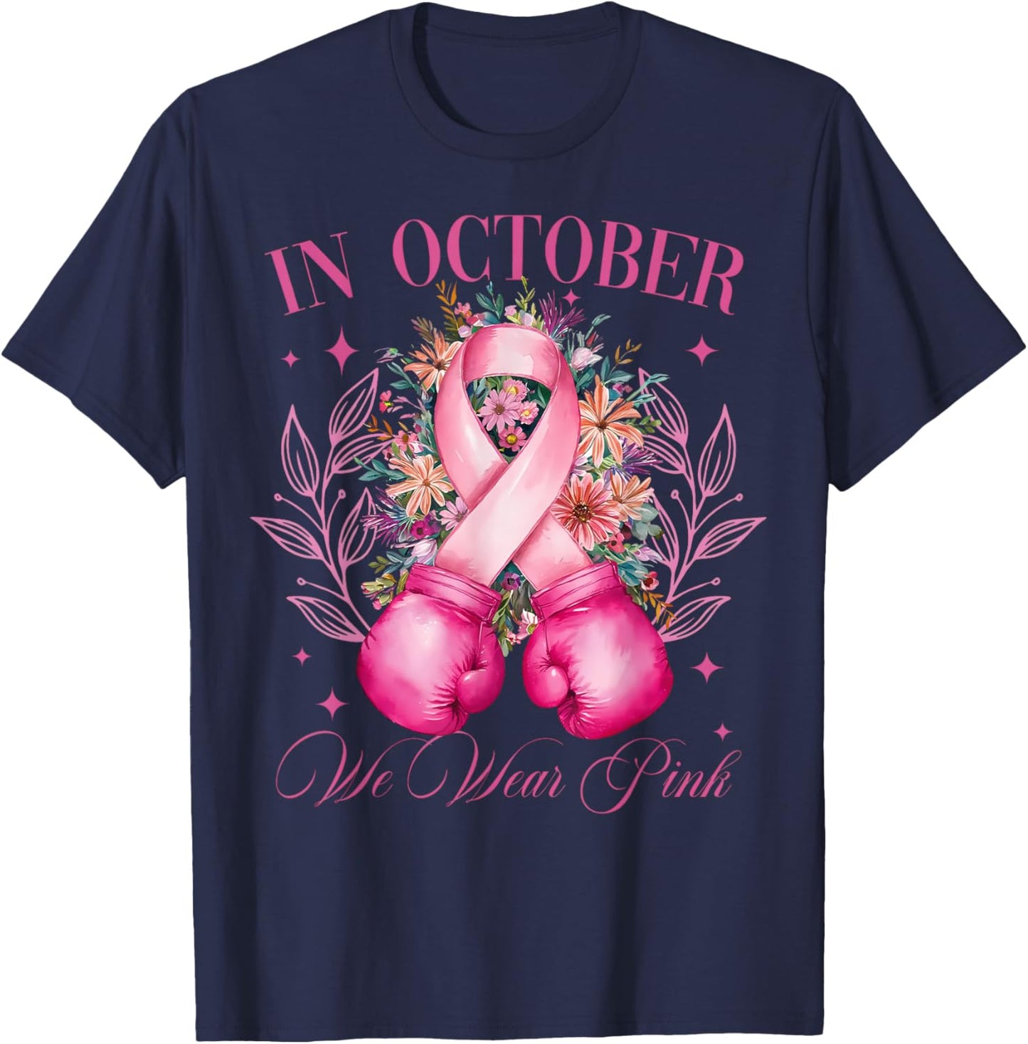 In October We Wear Pink Boxing Ribbon Fighting T-Shirt - T-Shirt | Navy
