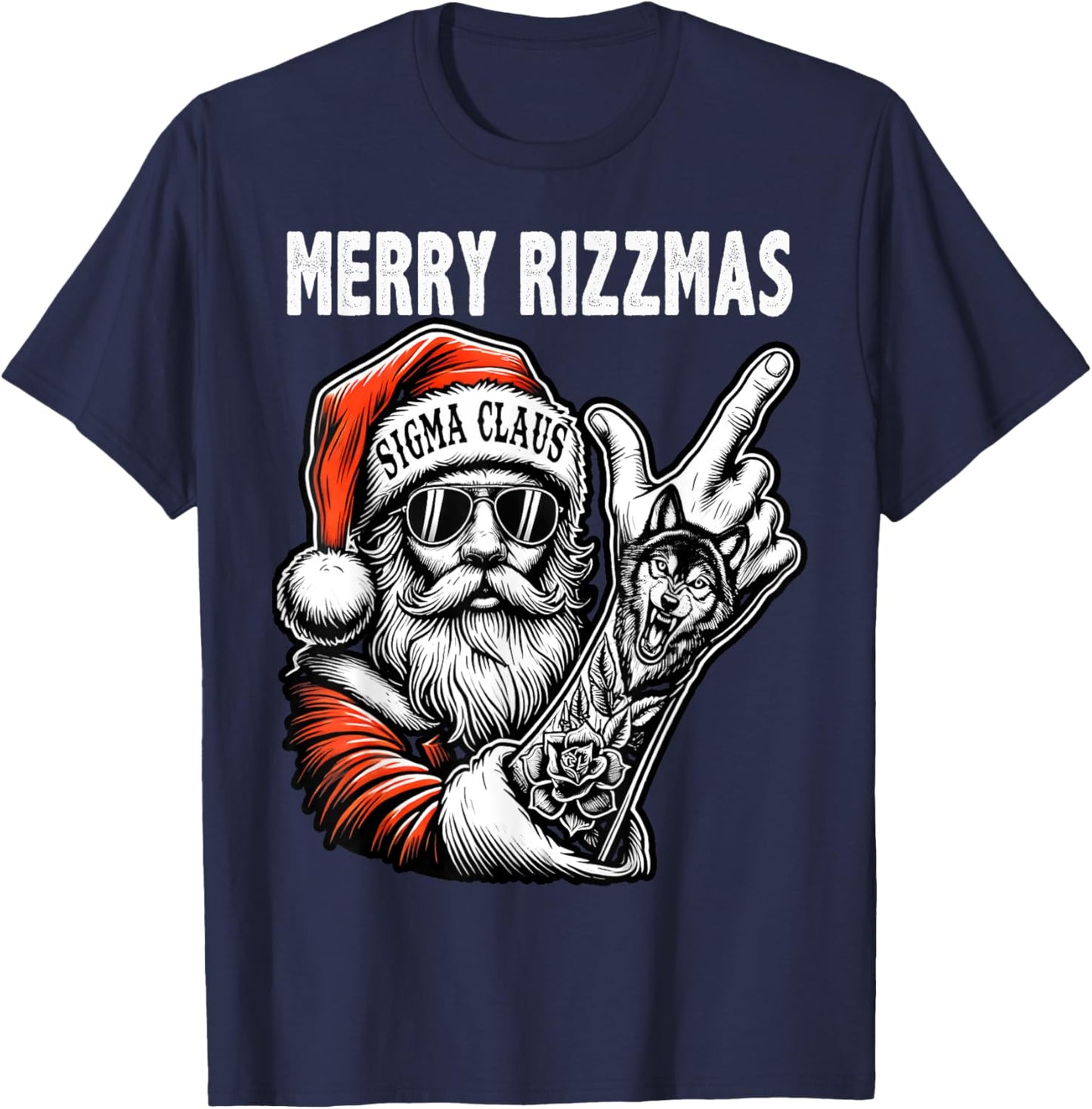 Merry Rizzmas, Funny Santa Wolf Tattoo Christmas Sigma Claus T-Shirt - T-Shirt | Navy
