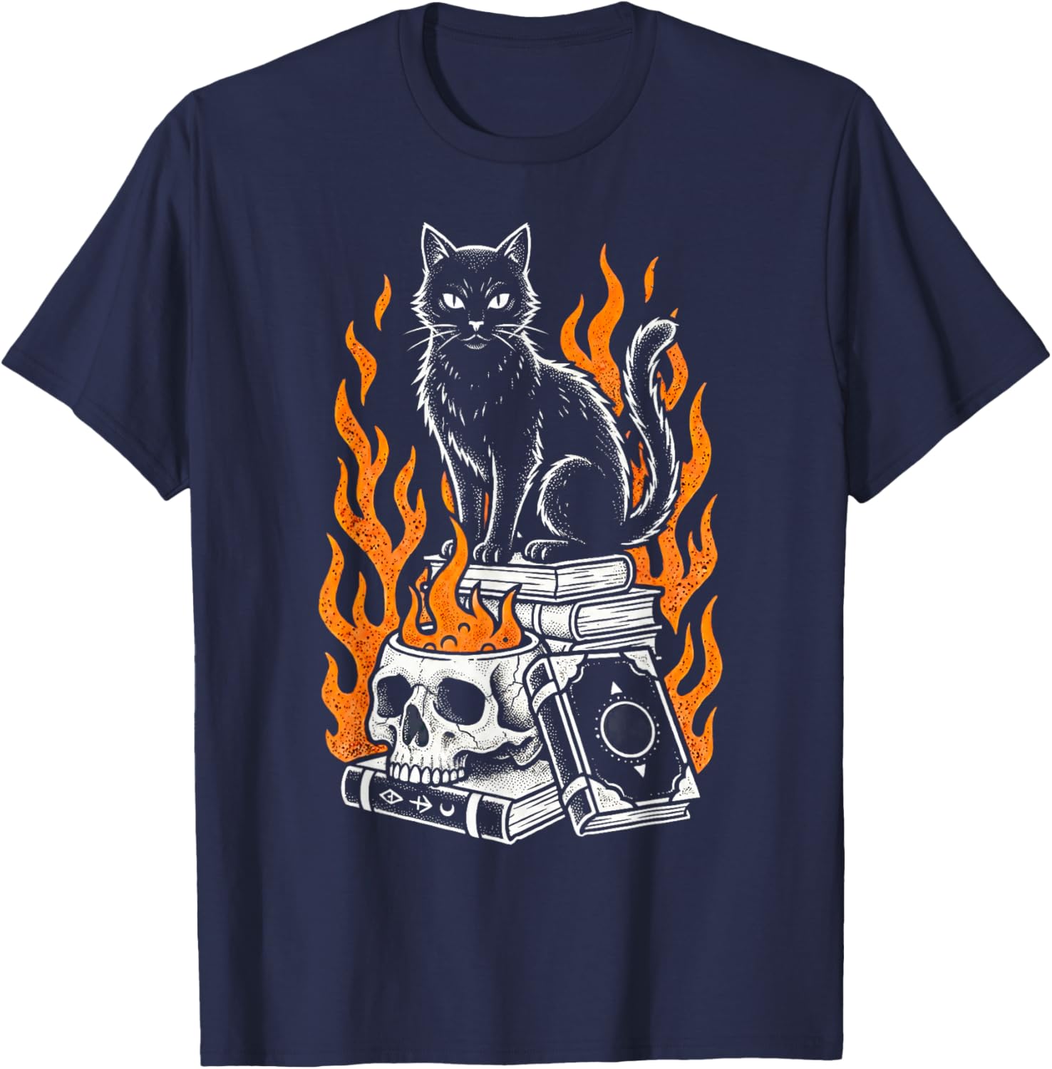 Witchy Creepy Goth Cat Skull Flames Occult Magic Books T-Shirt - T-Shirt | Navy