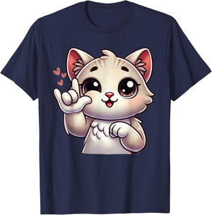 Kitten Cute Cat Making Love You Hand Sign Language ASL T-Shirt - T-Shirt | Navy