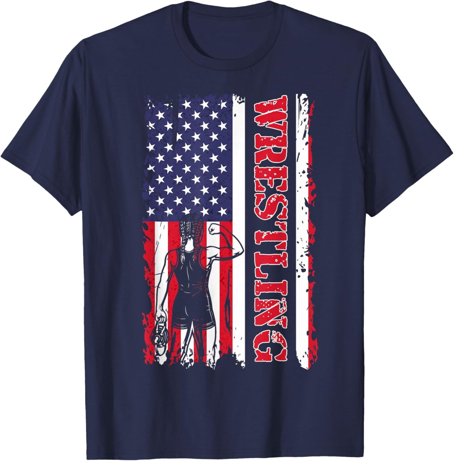 Vintage USA Flag Wrestling Wrestler Girl Martial Arts T-Shirt - T-Shirt | Navy