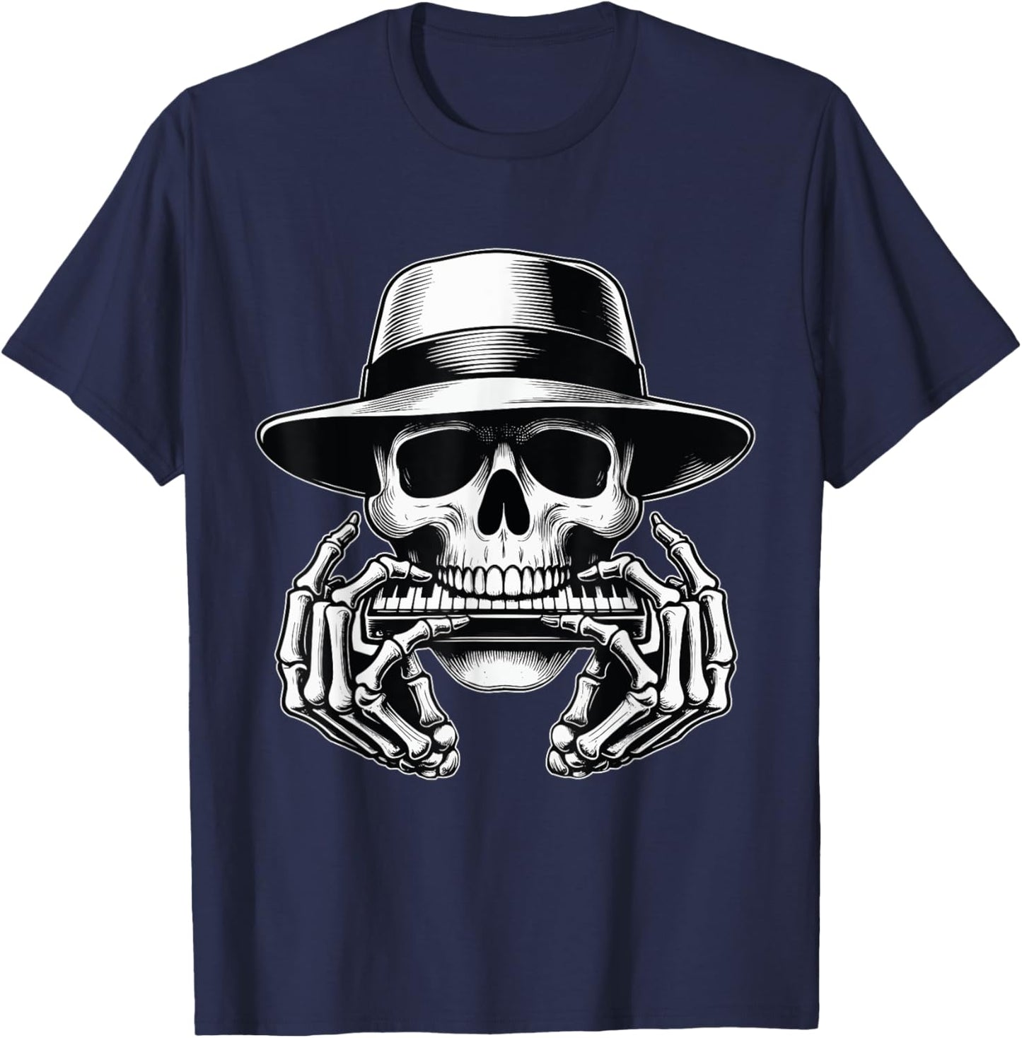 Skeleton Playing Harmonica Blues Musician Mouth Organ Player T-Shirt - T-Shirt | Navy