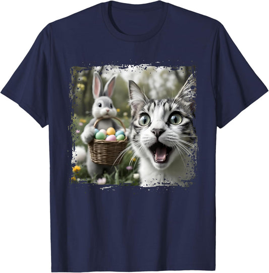 Funny Easter Cat Selfie with Easter Bunny Adults Kids Easter T-Shirt - T-Shirt | Navy