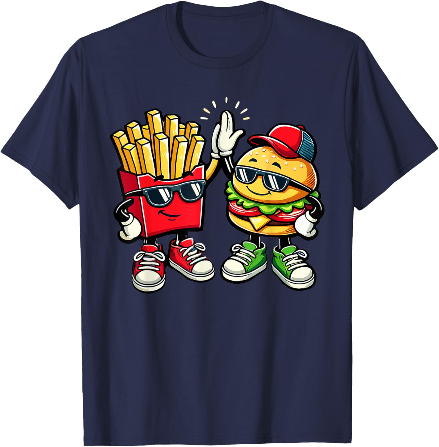 Hamburger Fries High Five | Cool Fun Combo Snacks Funny T-Shirt - T-Shirt | Navy
