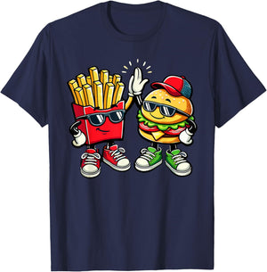 Hamburger Fries High Five | Cool Fun Combo Snacks Funny T-Shirt - T-Shirt | Navy