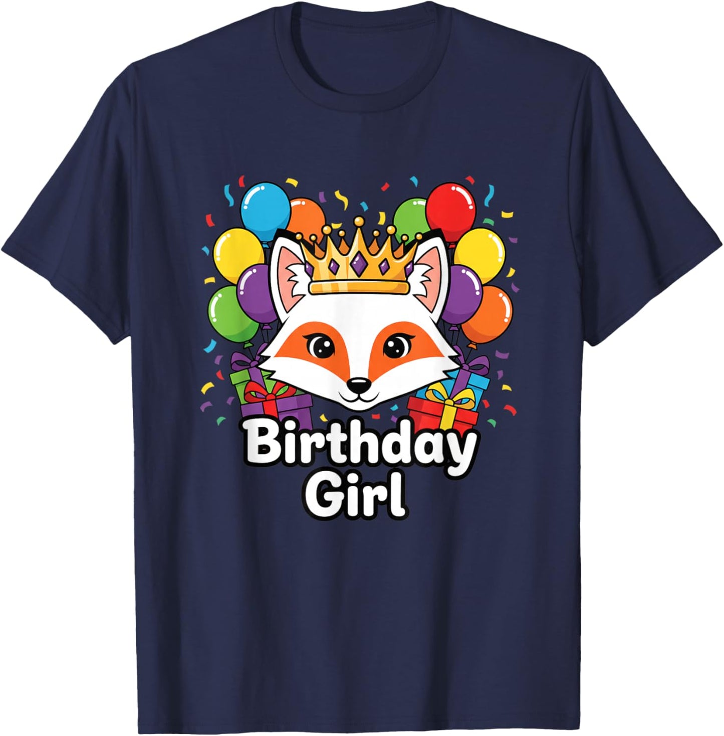 Birthday Girl Fox Crown Jungle Animals Funny Kids Party T-Shirt - T-Shirt | Navy