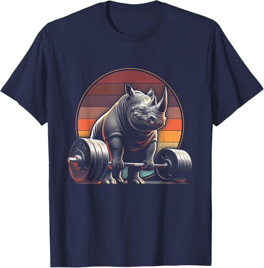 Rhinoceros Powerlifting Weightlifting Gym Rhino Lovers -Adults, -Kids Black Animal Print Rhinoceros T-Shirt - T-Shirt | Navy