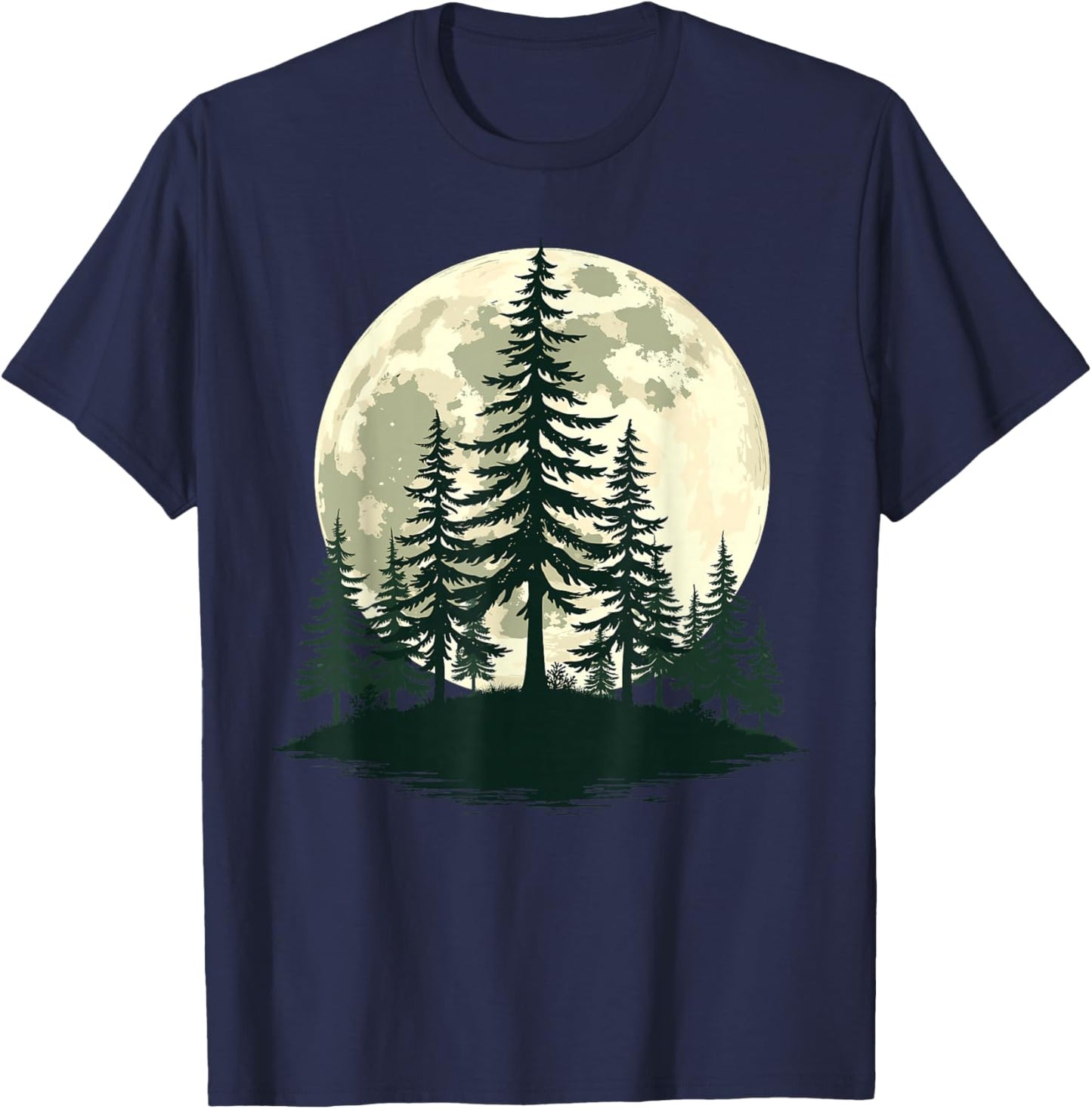 Retro Full Moon Nature Forest Trees Outdoor T-Shirt - T-Shirt | Navy