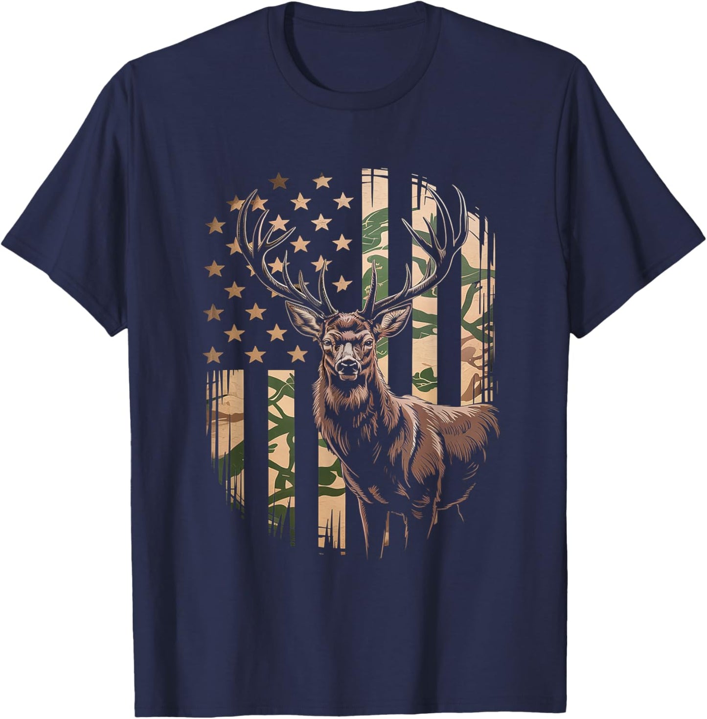 Deer Hunting Camo American Flag - Buck USA T-Shirt - T-Shirt | Navy