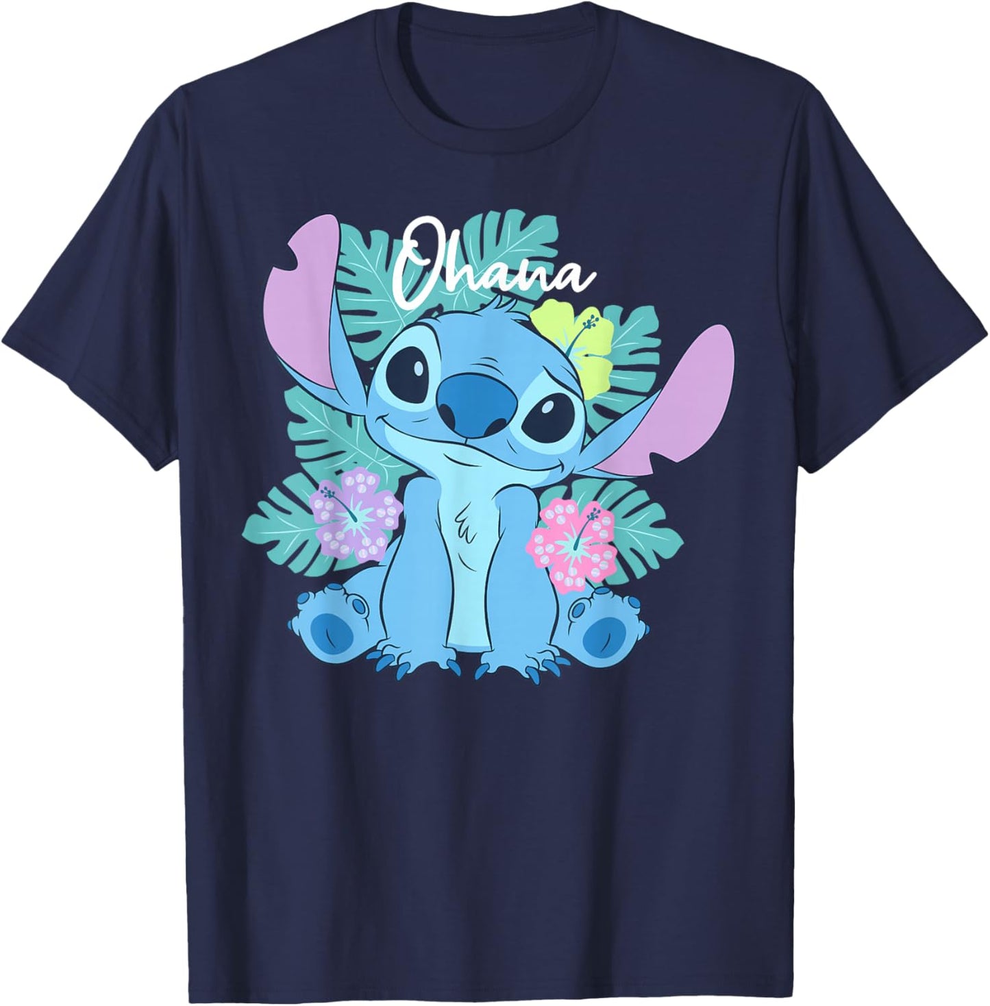 Disney Lilo & Stitch Ohana Adorable Pose Floral Logo T-Shirt - T-Shirt | Navy