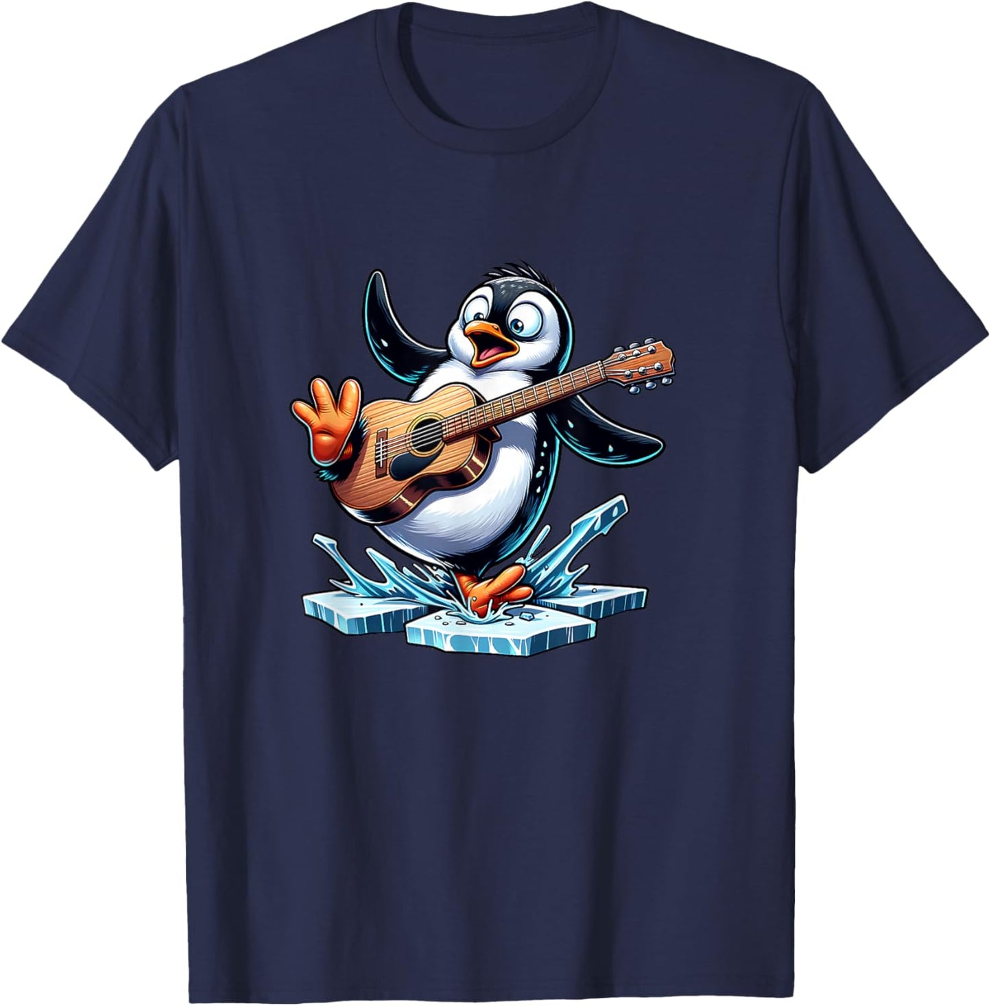 Funny Penguin Playing Guitar On Ice Splash T-Shirt - T-Shirt | Navy