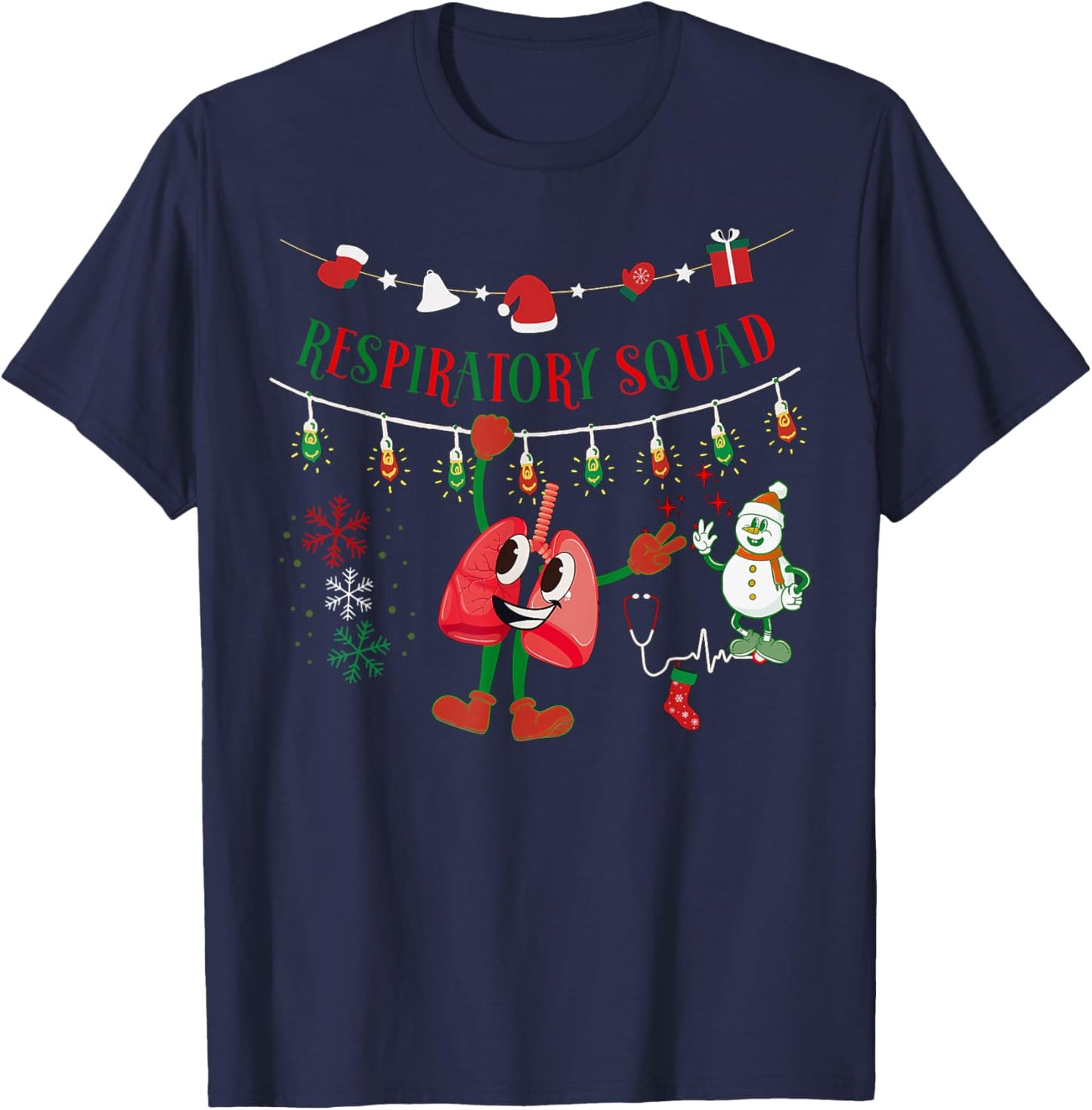 Respiratory Squad Nurse Xmas Light Lung Hanging Pulmonary T-Shirt - T-Shirt | Navy