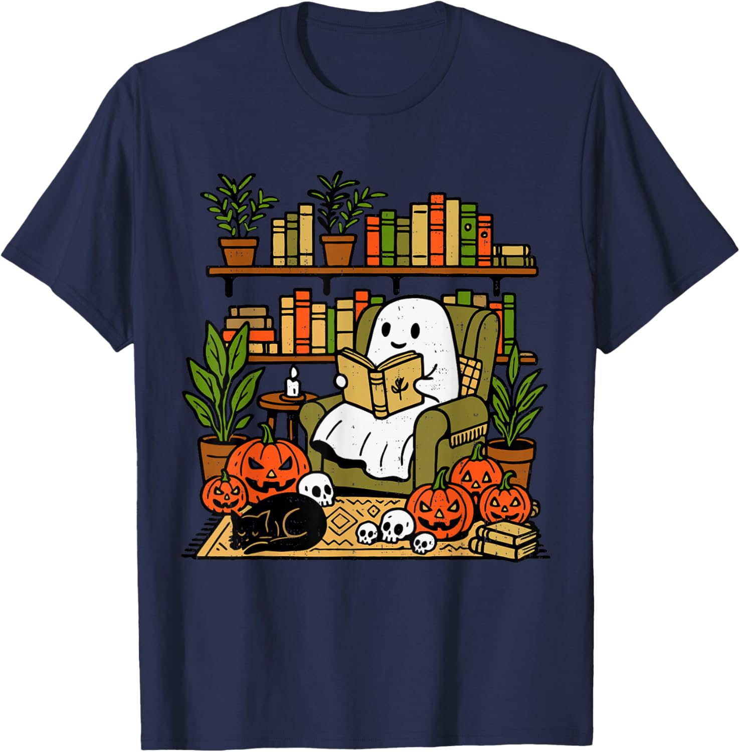 Ghost Library Reading Books Halloween Librarian Teacher T-Shirt - T-Shirt | Navy