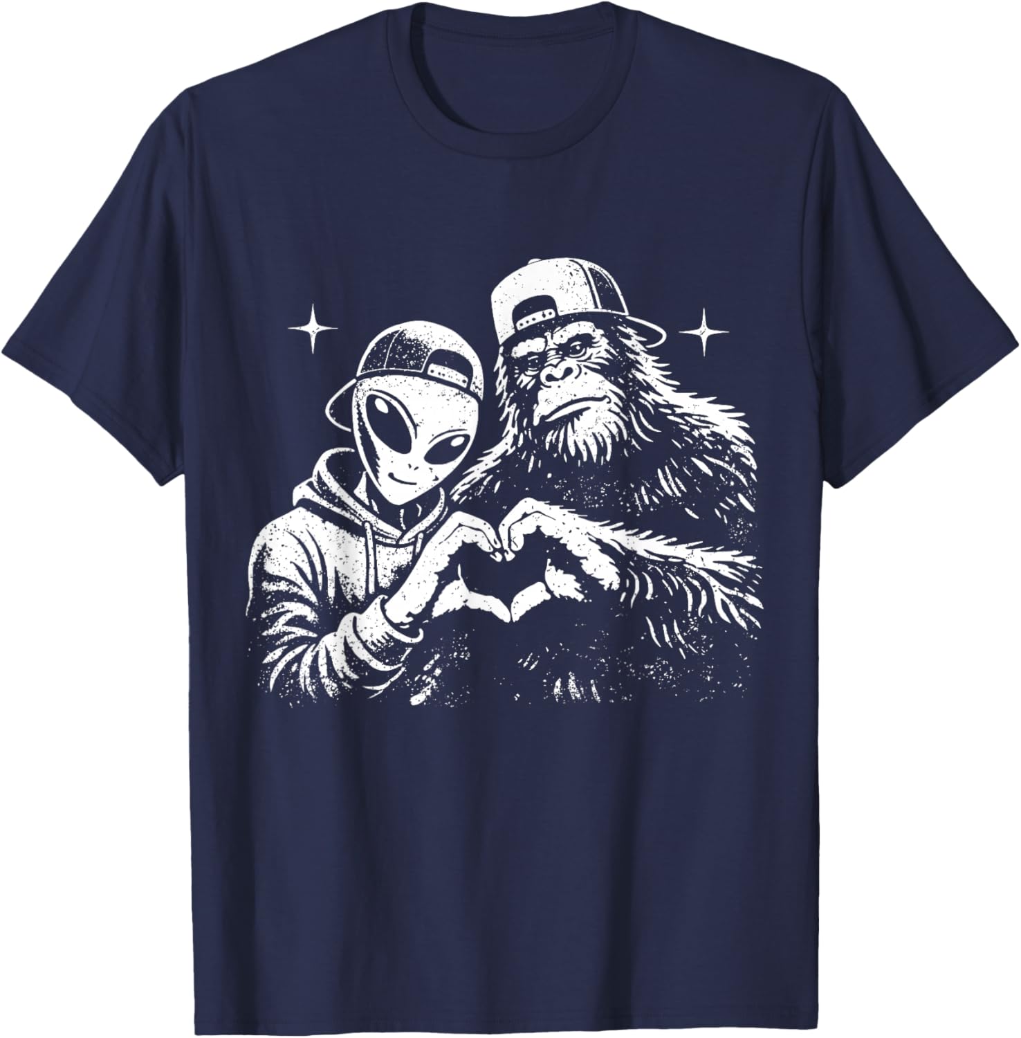 Big Foot and Alien Heart Love Hand Sign Funny Valentine T-Shirt - T-Shirt | Navy
