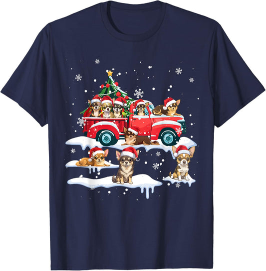 Chihuahua Dog Riding Red Truck Ugly Sweater Merry Christmas T-Shirt - T-Shirt | Navy