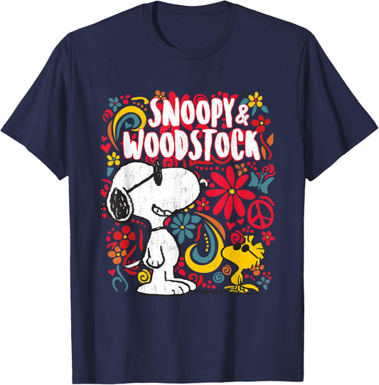 Peanuts 70er Jahre Floral Snoopy And Woodstock T-Shirt - T-Shirt | Navy