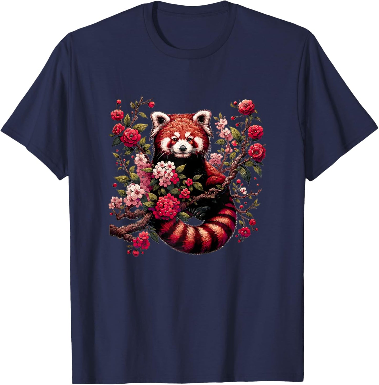 Red Panda Japanese Cherry Blossom Flower T-Shirt - T-Shirt | Navy