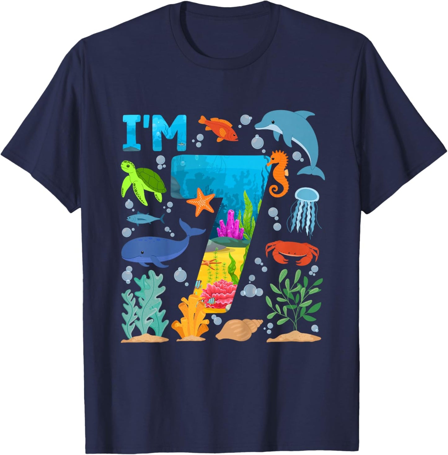 7th Ocean Birthday Party Seven Year Old Sea Animals T-Shirt - T-Shirt | Navy