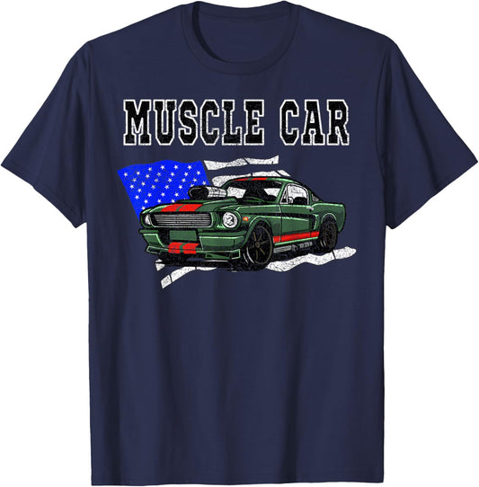 Vintage American Muscle Car Classic Car American Flag T-Shirt - T-Shirt | Navy