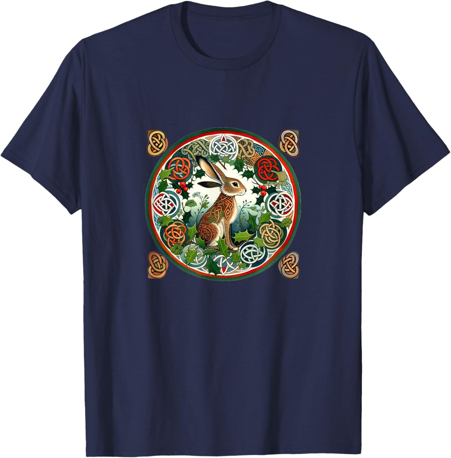 English Ivy Hare Illustration Garden Celtic Holly T-Shirt - T-Shirt | Navy