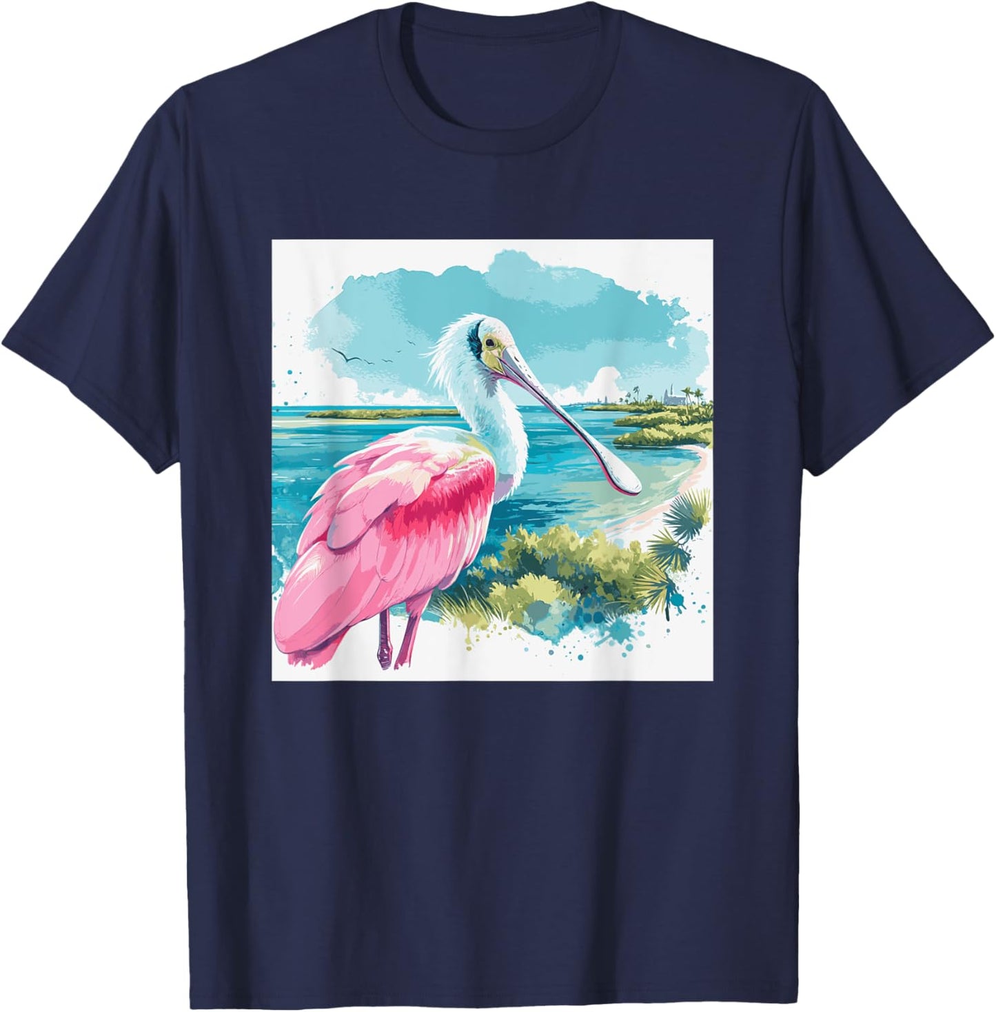 Roseate Spoonbill watercolor art in tropical setting T-Shirt - T-Shirt | Navy