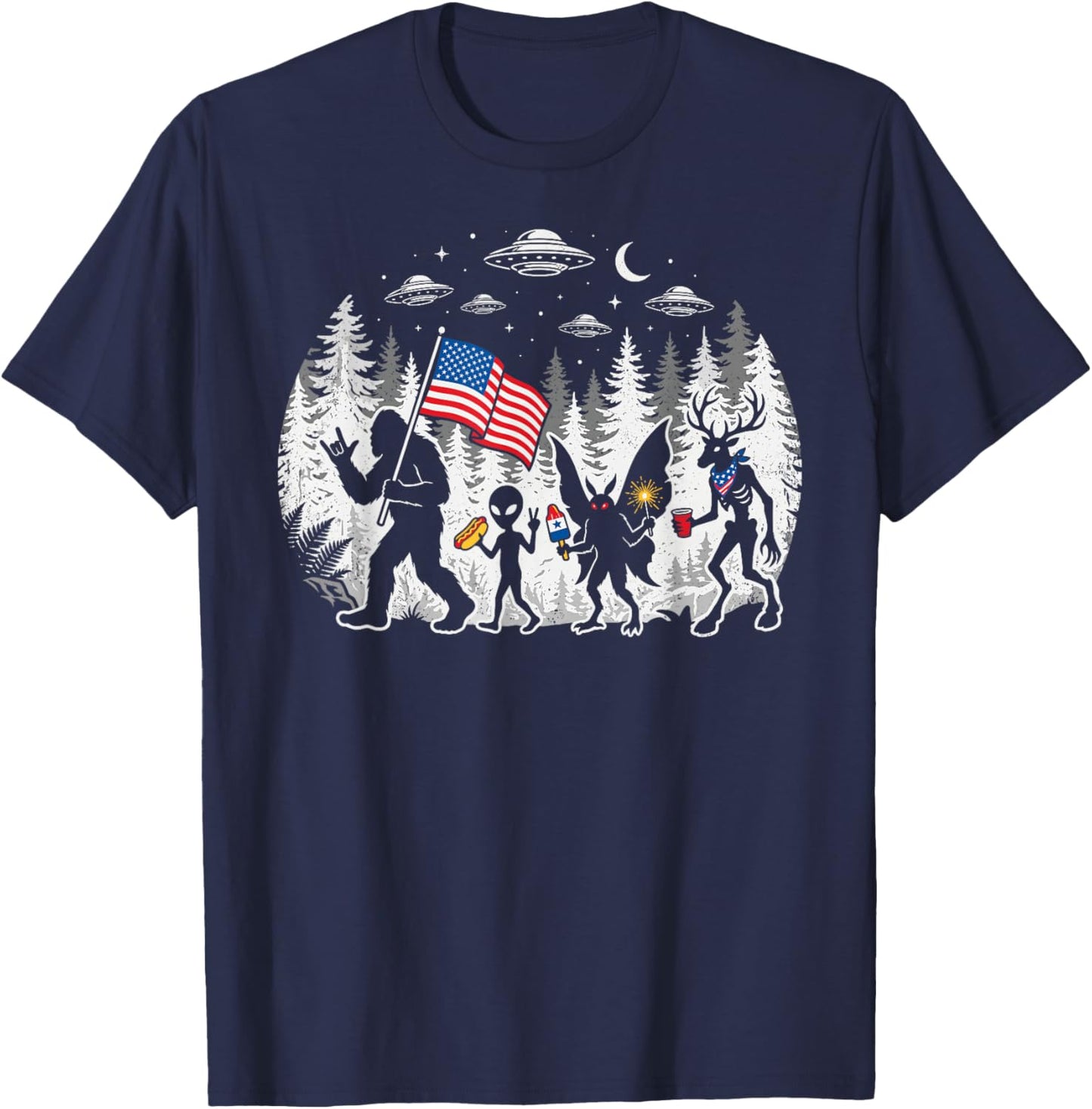 Funny Bigfoot Alien Patriotic 4th of July UFO Forest T-Shirt - T-Shirt | Navy