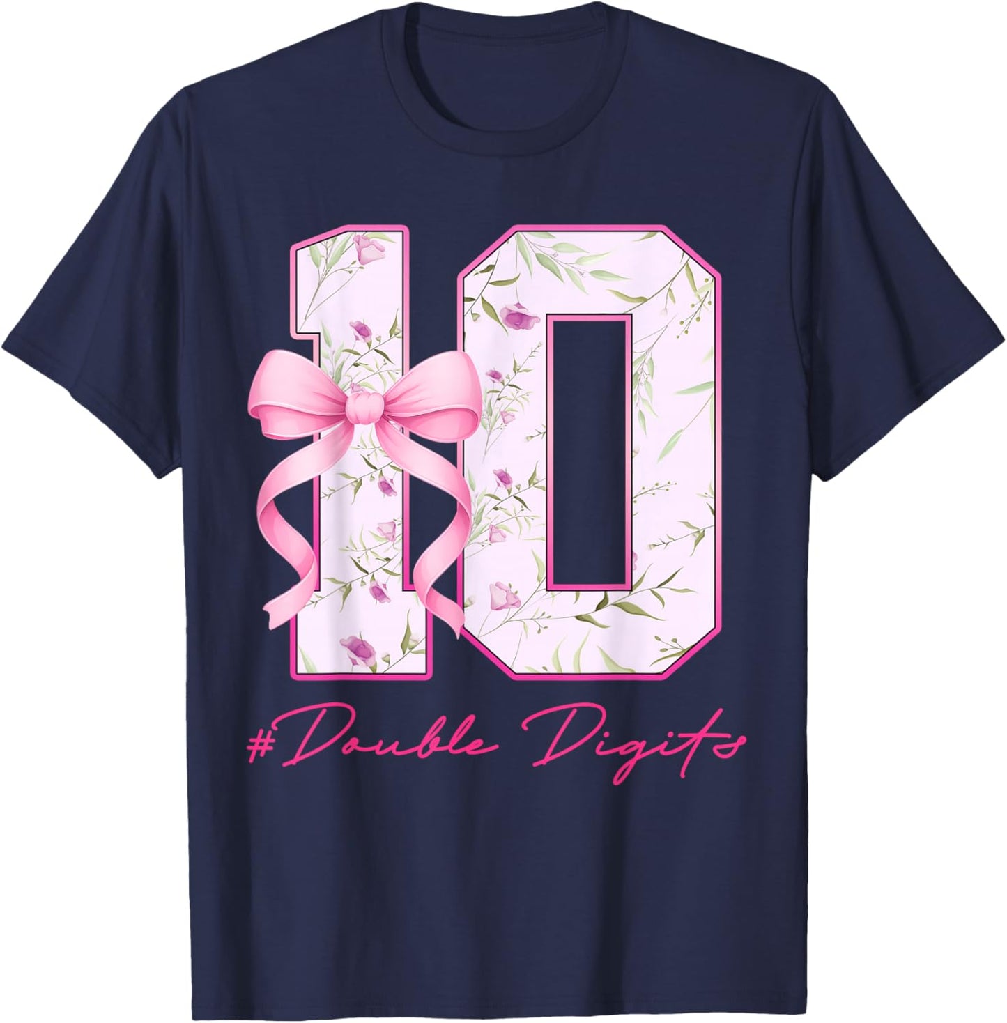 10th Birthday Girl Pink Coquette Bow 10 Year Old Aesthetic T-Shirt - T-Shirt | Navy