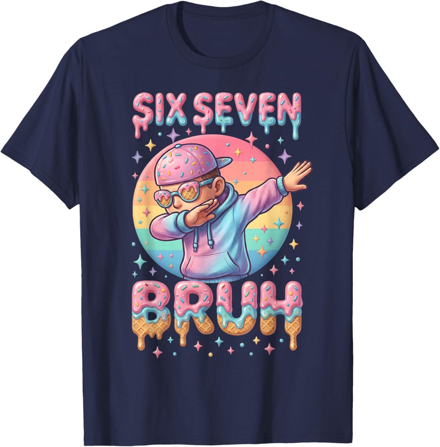 67 Bruh Ice Cream Drip 6 7 Numbers Meme Retro Dabbing Boy T-Shirt - T-Shirt | Navy