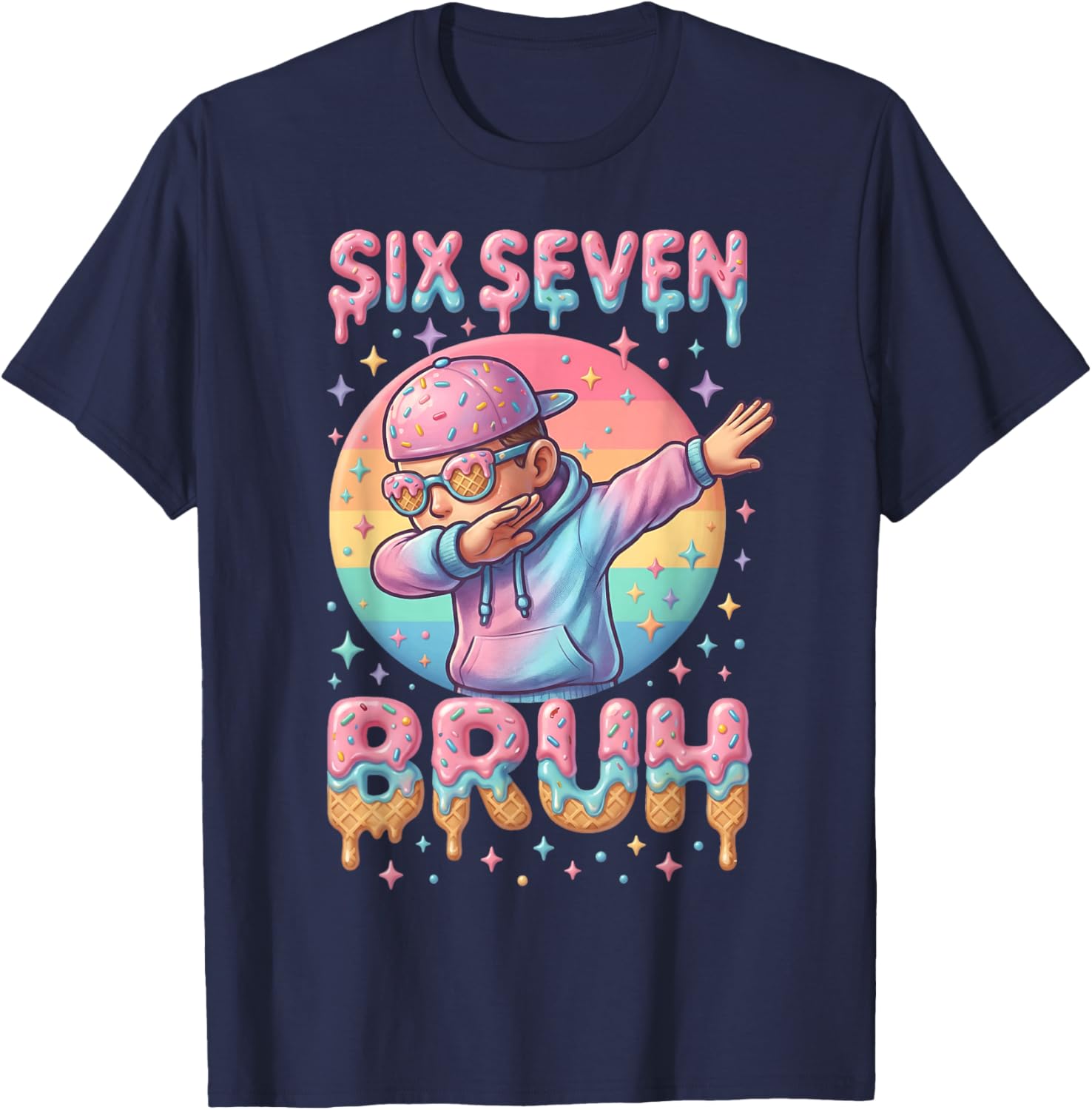 67 Bruh Ice Cream Drip 6 7 Numbers Meme Retro Dabbing Boy T-Shirt - T-Shirt | Navy