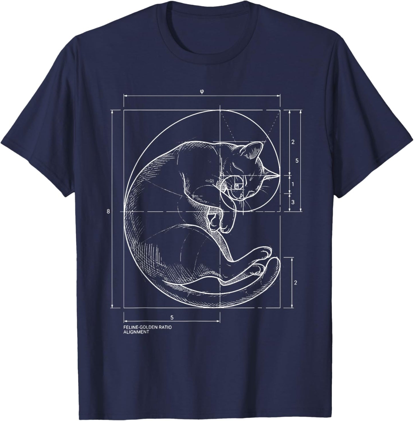 Fibonacci Spiral Cat Blueprint Sacred Geometry Math Teacher T-Shirt - T-Shirt | Navy