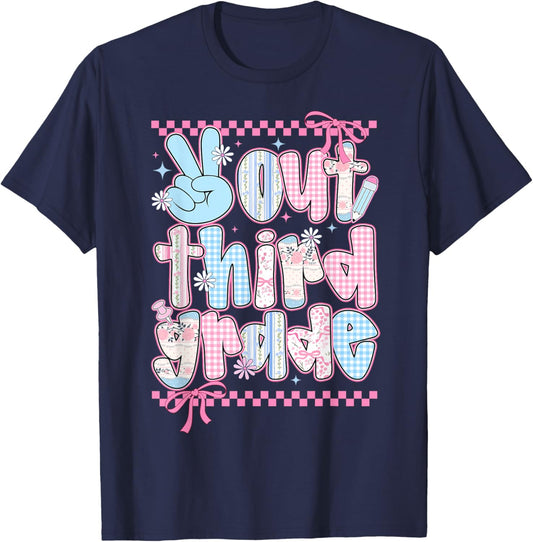 Peace Out Third Grade Happy Last Day of School Coquette Bow T-Shirt - T-Shirt | Navy