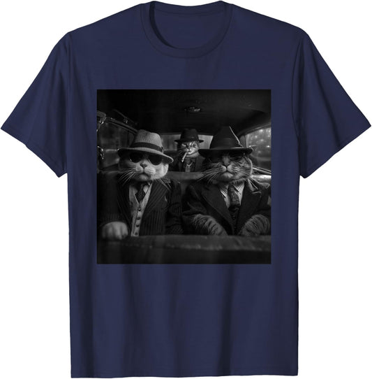 Mafia Cats in Car with Hats and Sunglasses Halloween Cats T-Shirt - T-Shirt | Navy