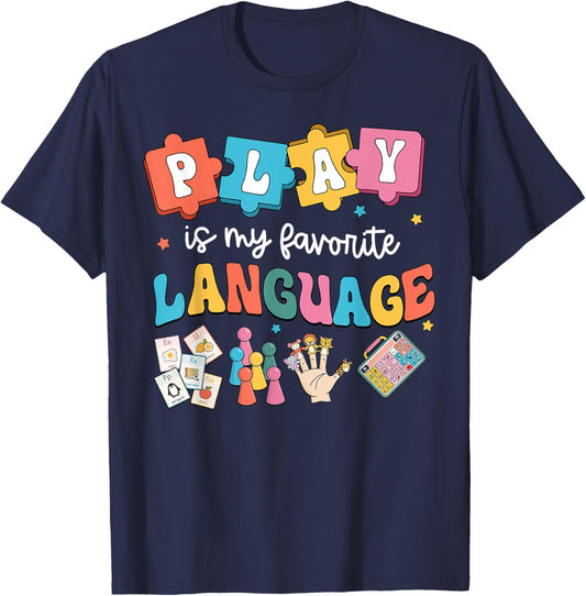 Retro Play Is My Favorite Language SLP Speech Therapy SLPA T-Shirt - T-Shirt | Navy
