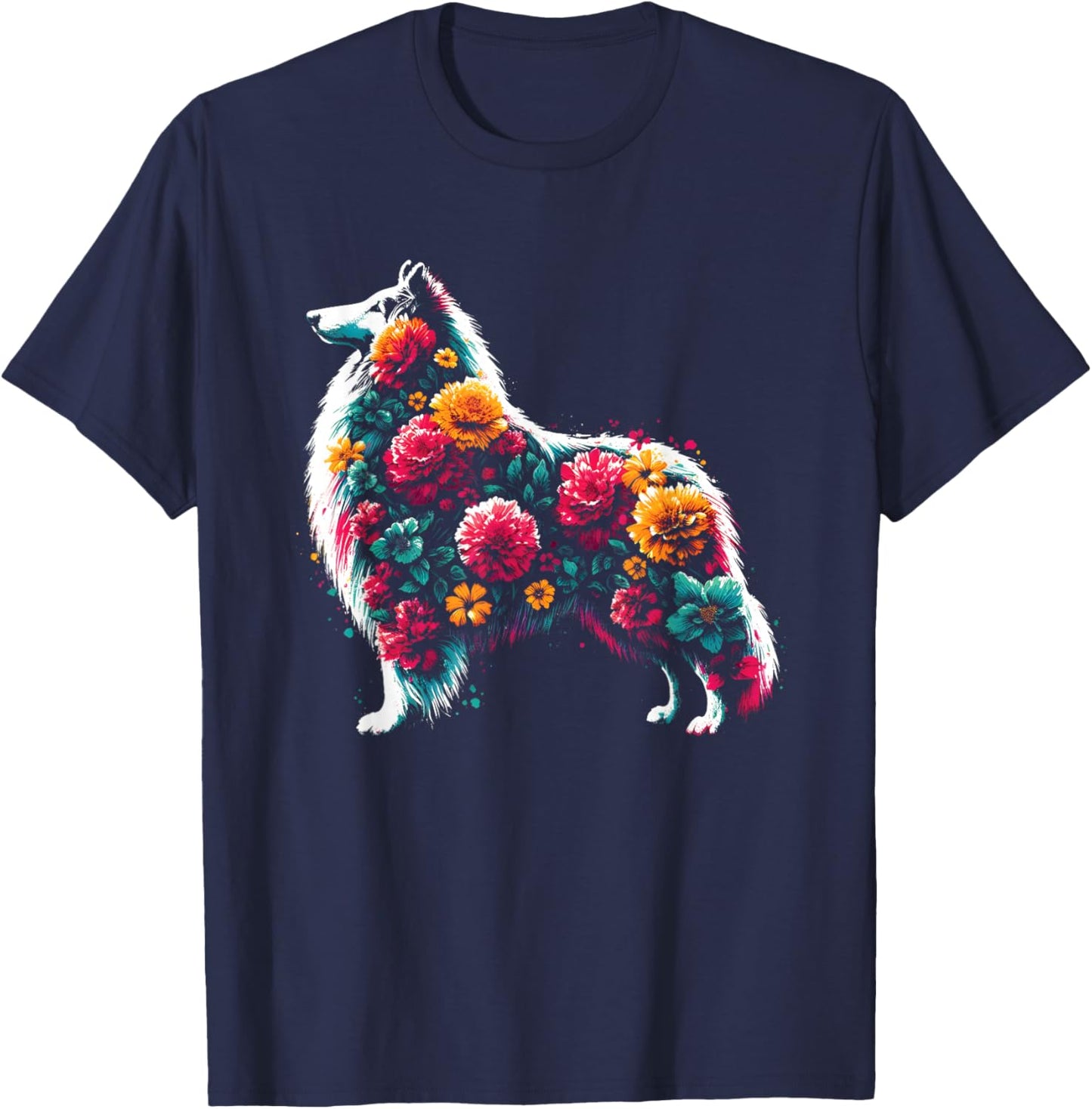 Floral Rough Collie - Vintage Flowers Collie Dog Lover T-Shirt - T-Shirt | Navy