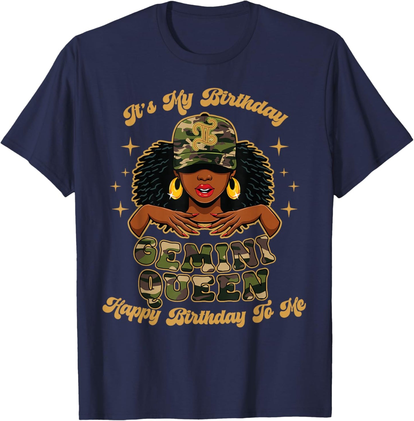 Birthday Gemini Queen Camo Black Woman African Zodiac Afro T-Shirt - T-Shirt | Navy