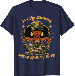 Birthday Gemini Queen Camo Black Woman African Zodiac Afro T-Shirt - T-Shirt | Navy