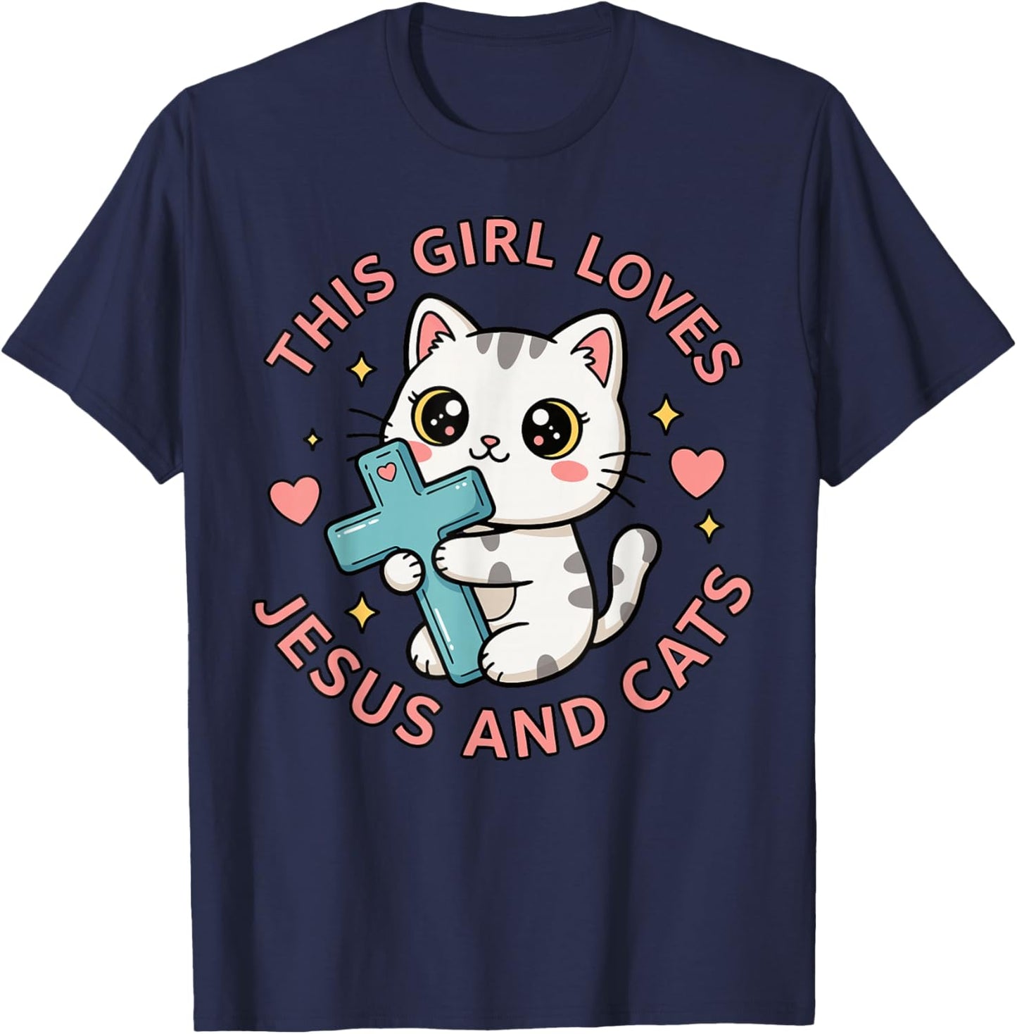 Christian This Girl Loves Jesus and Cats Cat Hugging Cross T-Shirt - T-Shirt | Navy