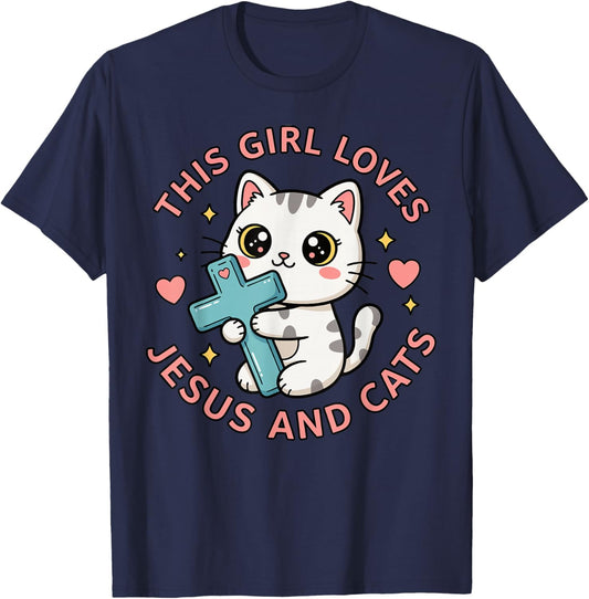 Christian This Girl Loves Jesus and Cats Cat Hugging Cross T-Shirt - T-Shirt | Navy