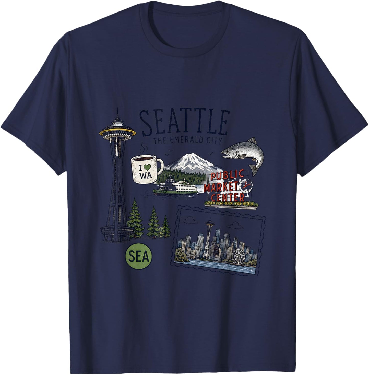 Seattle Washington City Skyline Space Needle Public Market T-Shirt - T-Shirt | Navy